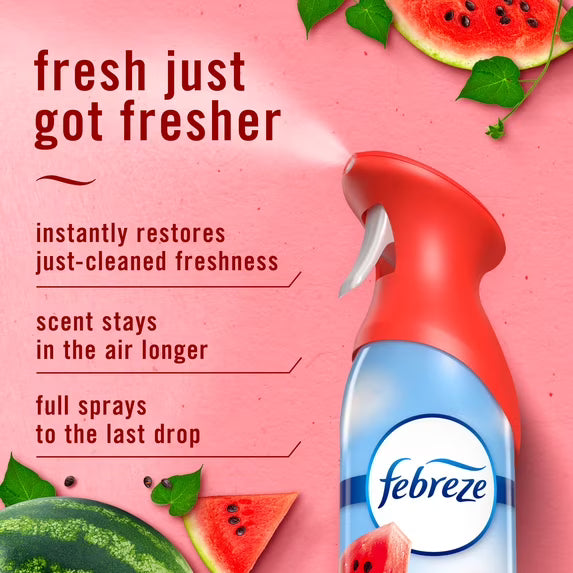 Hero image 12 of Febreze Air Mist Air Freshener Spray, Watermelon Scent, 8.1oz, 12 of 14 100+ bought since yesterday, try a subscription Overall pick Visit the Febreze Store Febreze Air Mist Air Freshener Spray, Watermelon Scent, 8.1oz