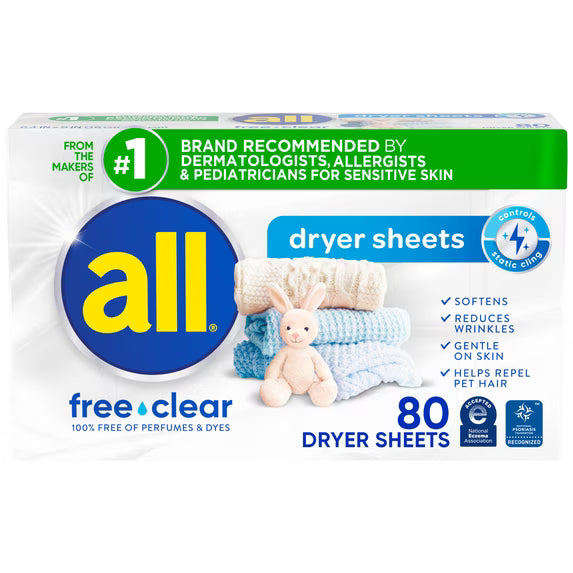 all Free Clear Fabric Softening Dryer Sheets, Sensitive Skin, 80 Count