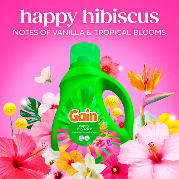 Gain Laundry Detergent Liquid, Now with Odor Defense, Happy Hibiscus Scent, 81 fl oz, 61 Loads