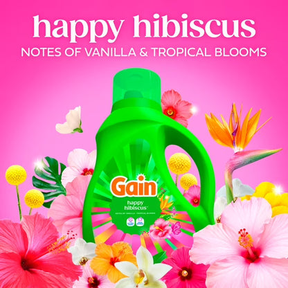 Gain Laundry Detergent Liquid, Now with Odor Defense, Happy Hibiscus Scent, 81 fl oz, 61 Loads