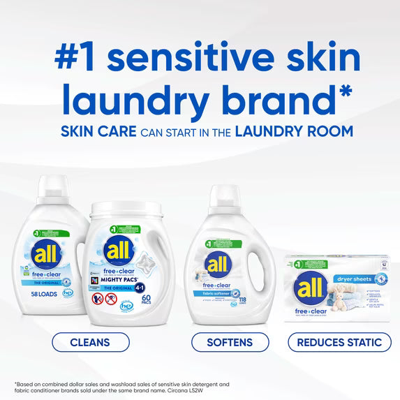 all Free Clear Fabric Softening Dryer Sheets, Sensitive Skin, 80 Count
