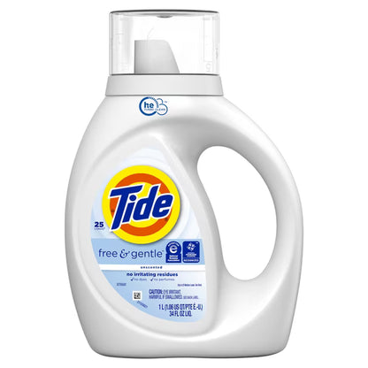 Tide Free & Gentle Laundry Detergent Liquid for Sensitive Skin, Hypoallergenic, Unscented, 34 fl oz, 25 Loads