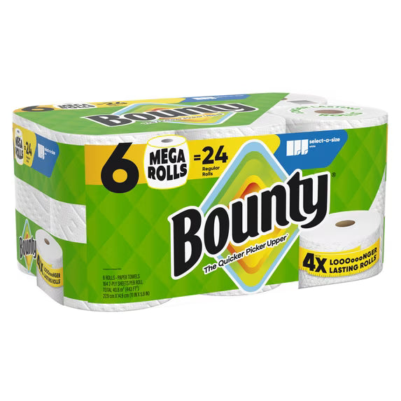 Bounty Paper Towels Select-A-Size White, 6 Mega Rolls, 164 Sheets per Roll
