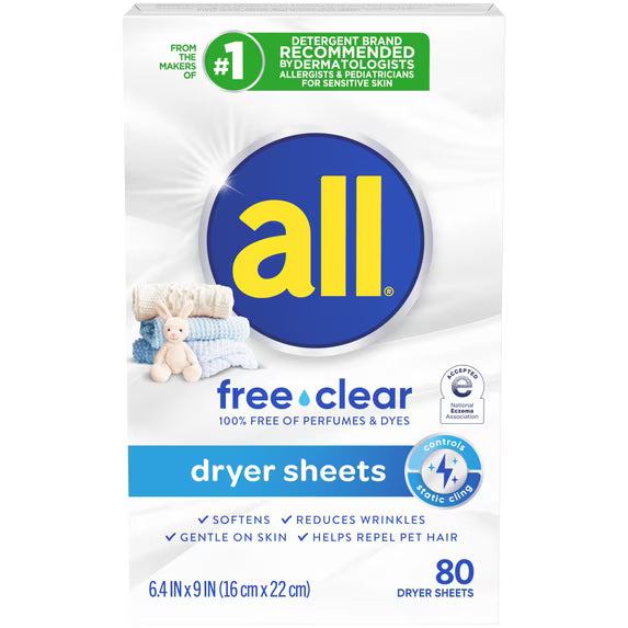 all Free Clear Fabric Softening Dryer Sheets, Sensitive Skin, 80 Count