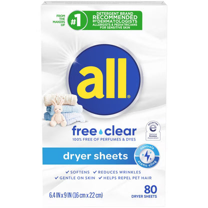 all Free Clear Fabric Softening Dryer Sheets, Sensitive Skin, 80 Count