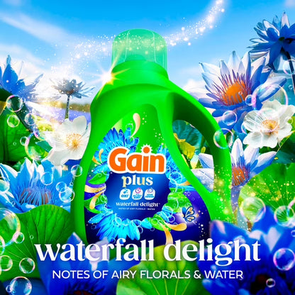 Gain Plus Laundry Detergent Liquid, Now with Odor Defense + OXI, Waterfall Delight Scent, 60 fl oz, 45 Loads