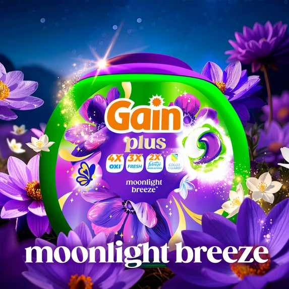 Gain Plus Flings Laundry Detergent Liquid Washing Pacs, Gain's Best All-In-One Clean, Moonlight Breeze Scent, 45 Count