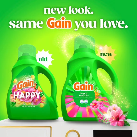 Gain Laundry Detergent Liquid, Now with Odor Defense, Happy Hibiscus Scent, 81 fl oz, 61 Loads