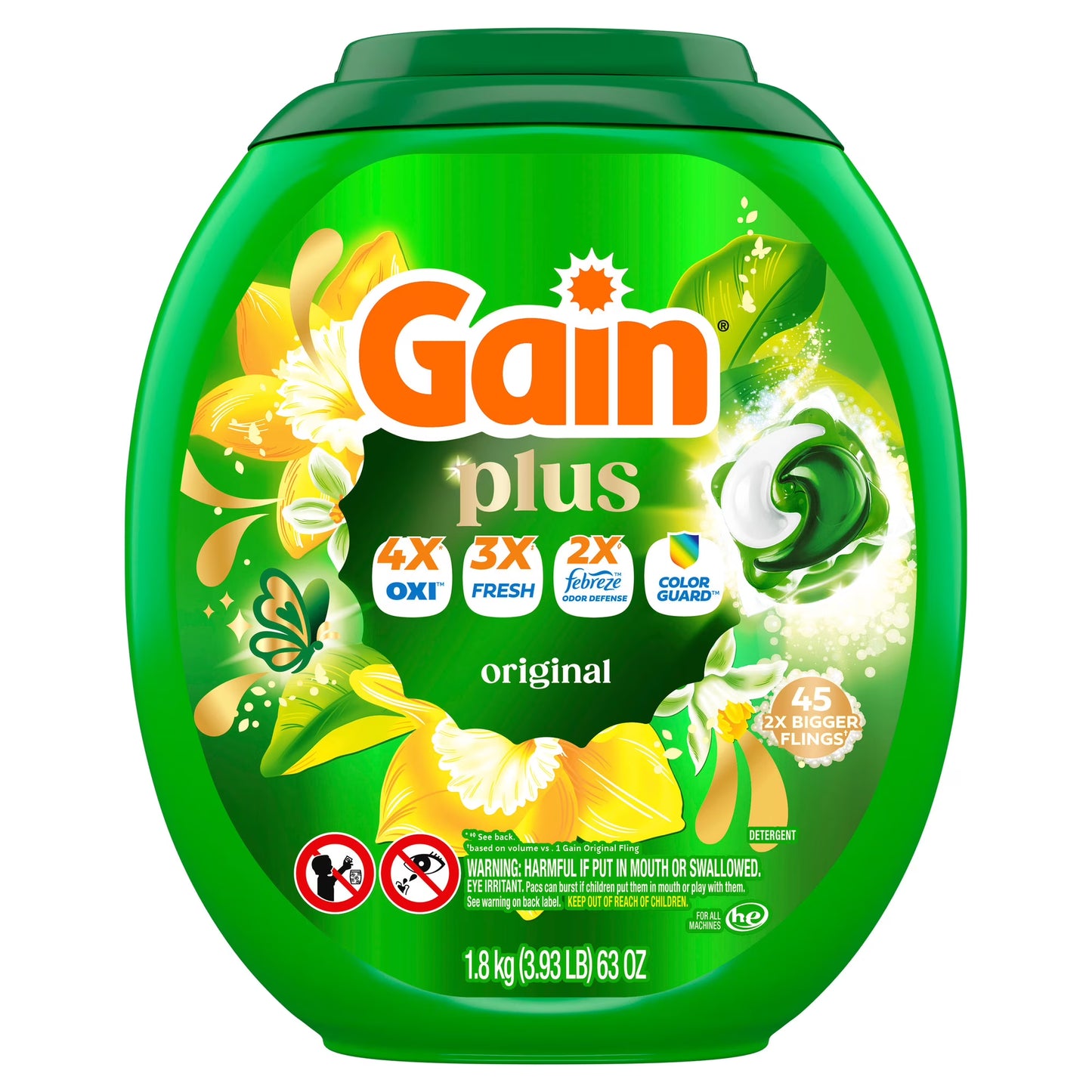 Gain Plus Flings Laundry Detergent Liquid Washing Pacs, Gain's Best All-In-One Clean, Original Scent, 45 Count
