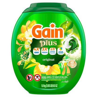 Gain Plus Flings Laundry Detergent Liquid Washing Pacs, Gain's Best All-In-One Clean, Original Scent, 45 Count