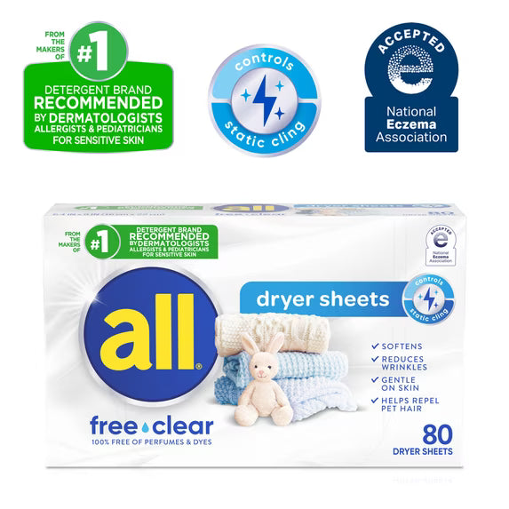 all Free Clear Fabric Softening Dryer Sheets, Sensitive Skin, 80 Count