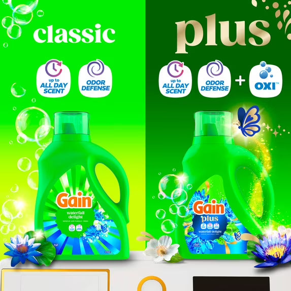 Gain Plus Laundry Detergent Liquid, Now with Odor Defense + OXI, Waterfall Delight Scent, 60 fl oz, 45 Loads