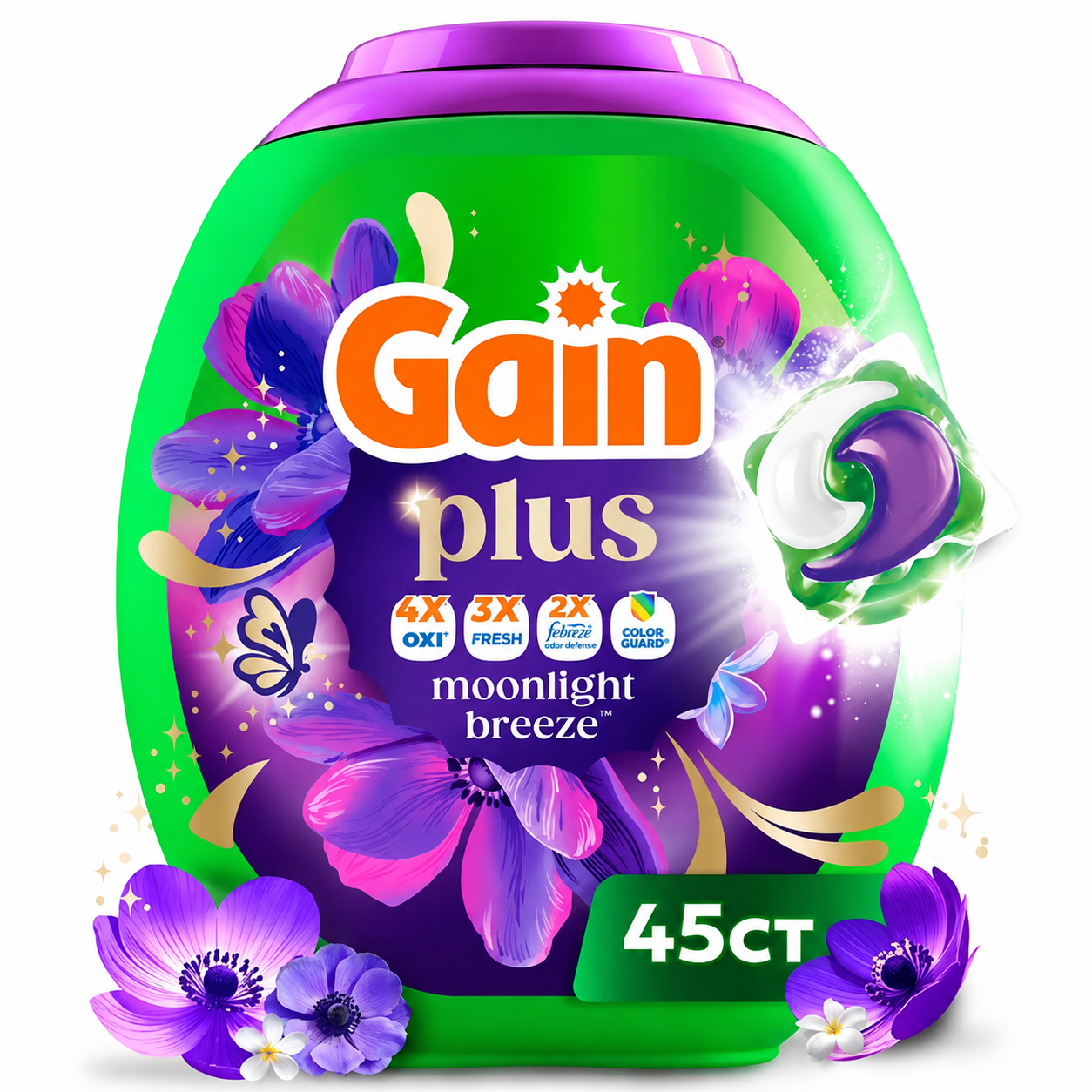 Gain Plus Flings Laundry Detergent Liquid Washing Pacs, Gain's Best All-In-One Clean, Moonlight Breeze Scent, 45 Count