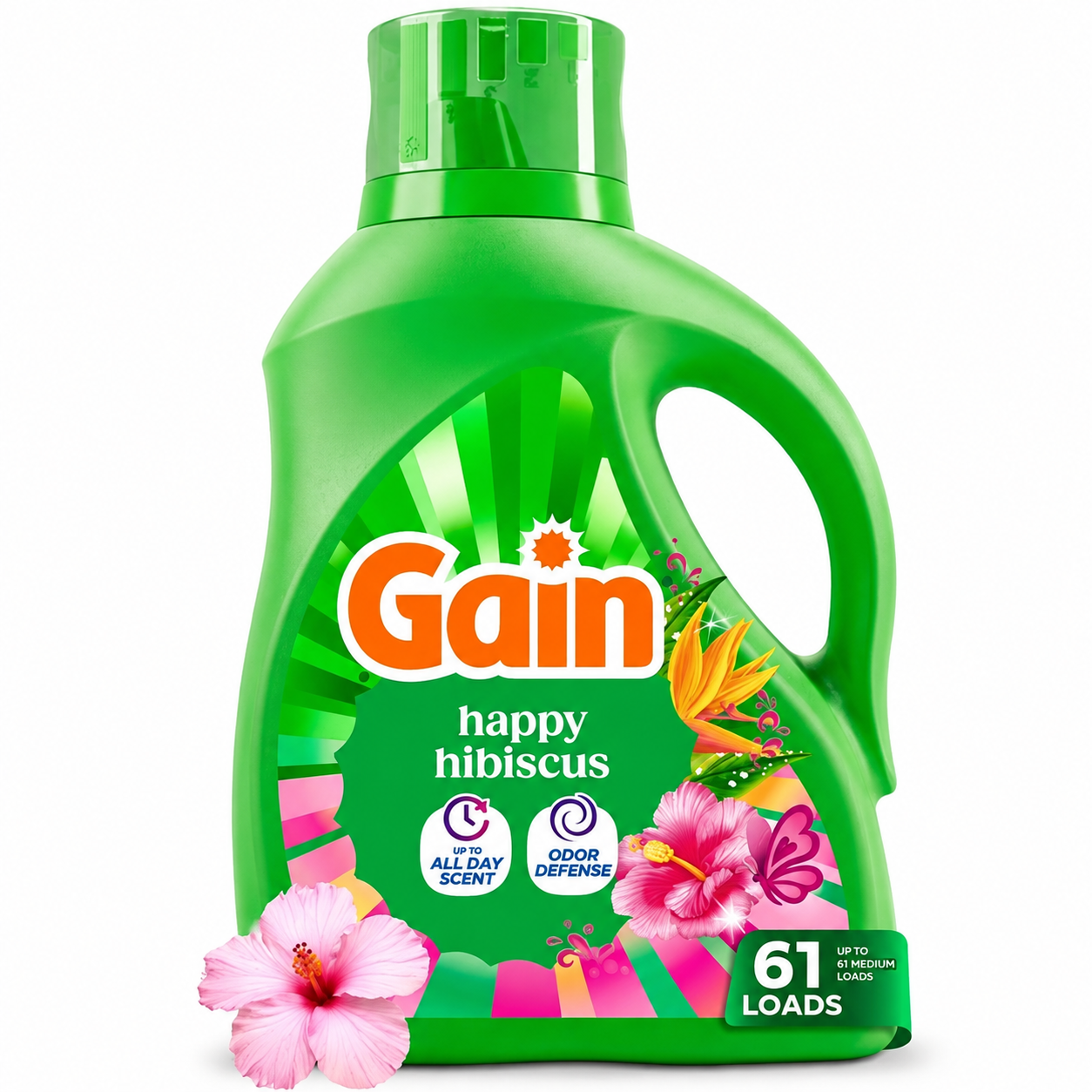 Gain Laundry Detergent Liquid, Now with Odor Defense, Happy Hibiscus Scent, 81 fl oz, 61 Loads