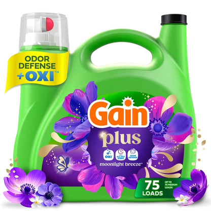 Gain Plus Liquid Laundry Detergent, Now with Odor Defense + OXI, Moonlight Breeze Scent, 99 fl oz, 75 Loads