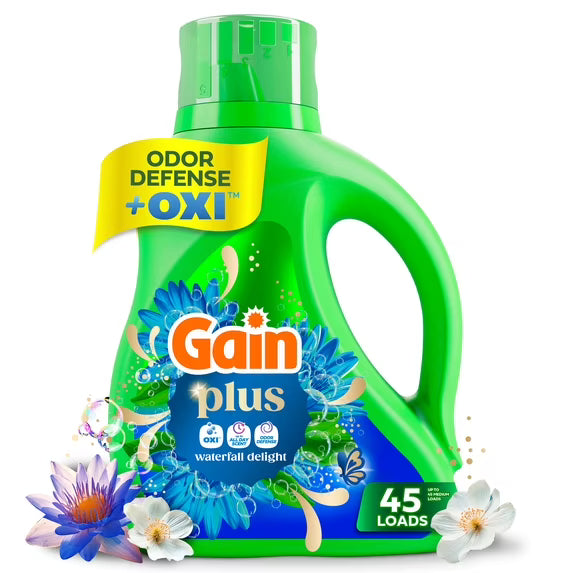 Gain Plus Laundry Detergent Liquid, Now with Odor Defense + OXI, Waterfall Delight Scent, 60 fl oz, 45 Loads