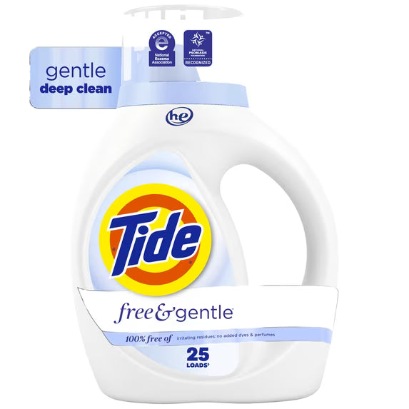 Tide Free & Gentle Laundry Detergent Liquid for Sensitive Skin, Hypoallergenic, Unscented, 34 fl oz, 25 Loads
