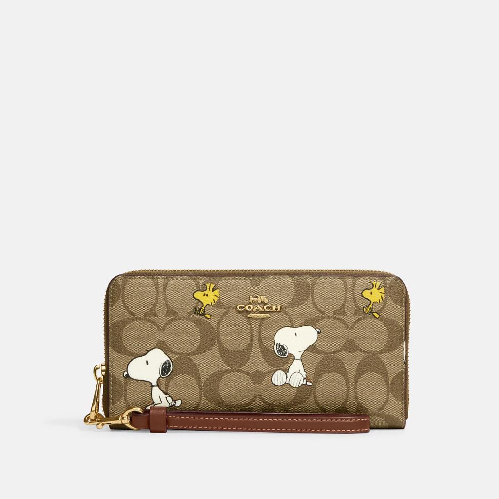 COACH x PEANUTS Long Zip around Wallet Snoopy Woodstock Khaki Signature