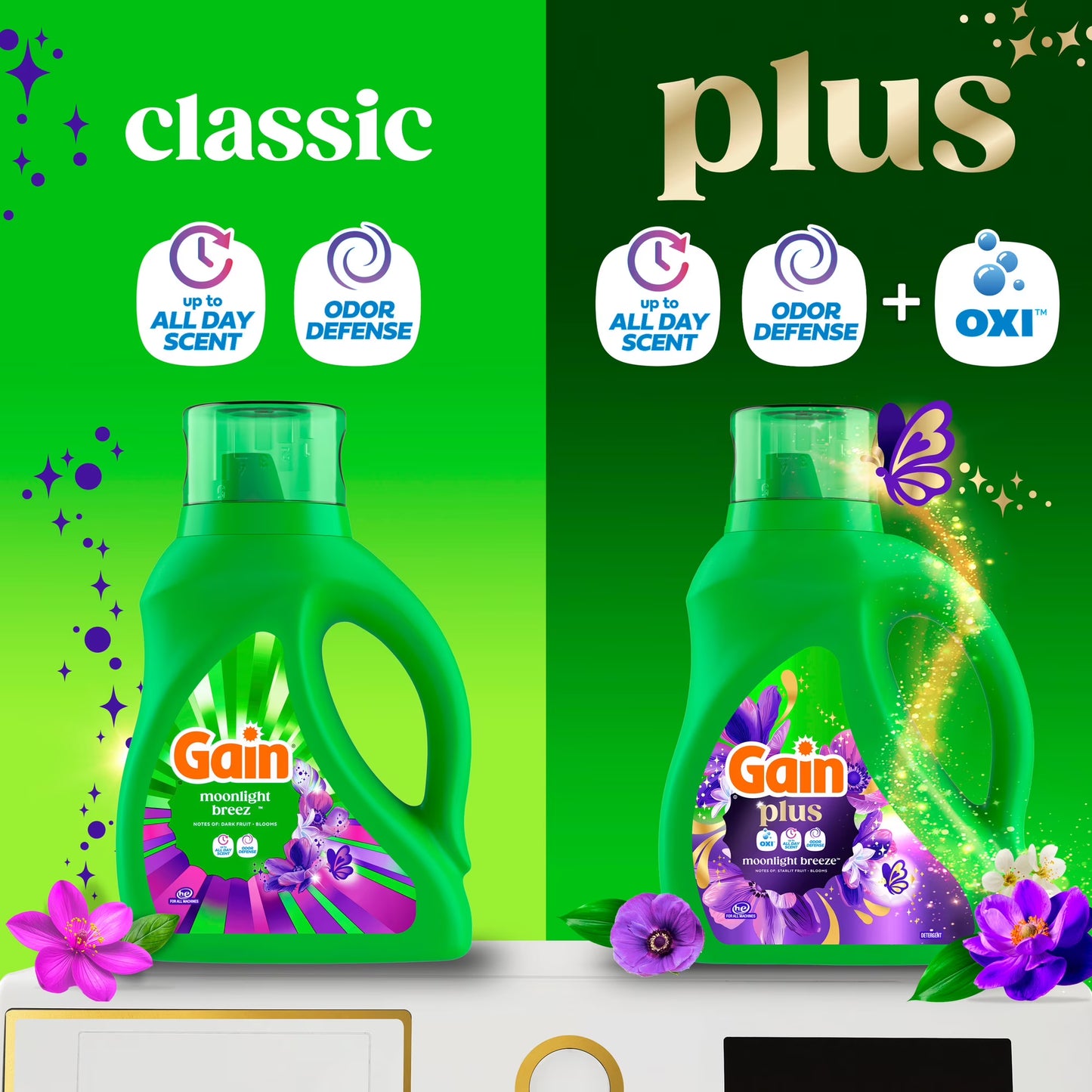 Gain Plus Liquid Laundry Detergent, Now with Odor Defense + OXI, Moonlight Breeze Scent, 99 fl oz, 75 Loads