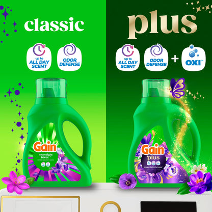 Gain Plus Liquid Laundry Detergent, Now with Odor Defense + OXI, Moonlight Breeze Scent, 99 fl oz, 75 Loads