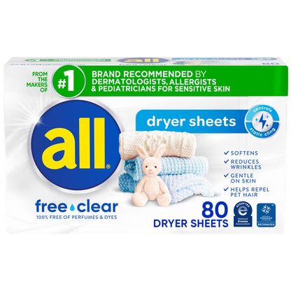 all Free Clear Fabric Softening Dryer Sheets, Sensitive Skin, 80 Count