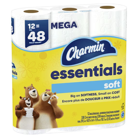 Charmin Essentials Soft Toilet Paper, 12 Mega Rolls, 330 Sheets Each