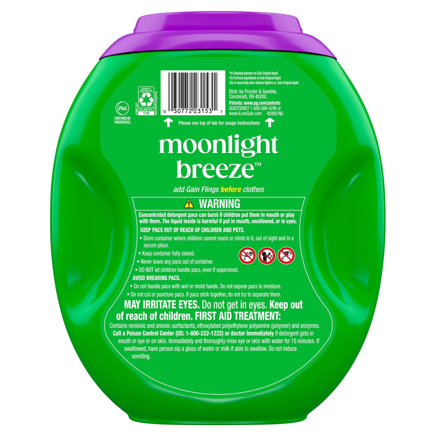 Gain Plus Flings Laundry Detergent Liquid Washing Pacs, Gain's Best All-In-One Clean, Moonlight Breeze Scent, 45 Count