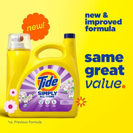 Tide Simply Laundry Detergent Liquid, Clean & Fresh, Berry Blossom Scent, 138 Loads, 173 fl oz