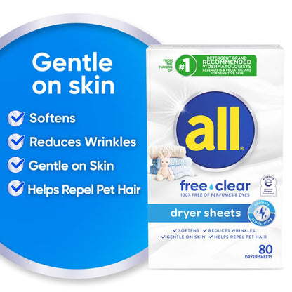 all Free Clear Fabric Softening Dryer Sheets, Sensitive Skin, 80 Count