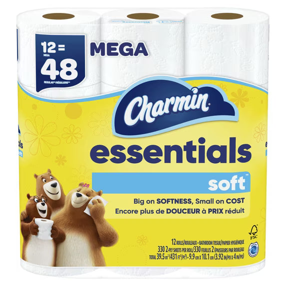 Charmin Essentials Soft Toilet Paper, 12 Mega Rolls, 330 Sheets Each